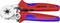 Une paire de pinces à sertir Knipex rouges et bleues avec des réglages ajustables, utilisées pour les travaux électriques. L'outil dispose d'un mécanisme de levier en métal.