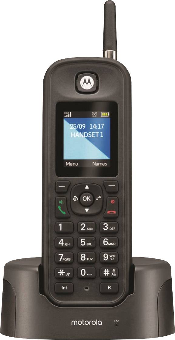 Téléphone sans fil avec écran et touches, placé sur sa base. L'écran affiche '25/09 14:17' et 'Handset 1'.