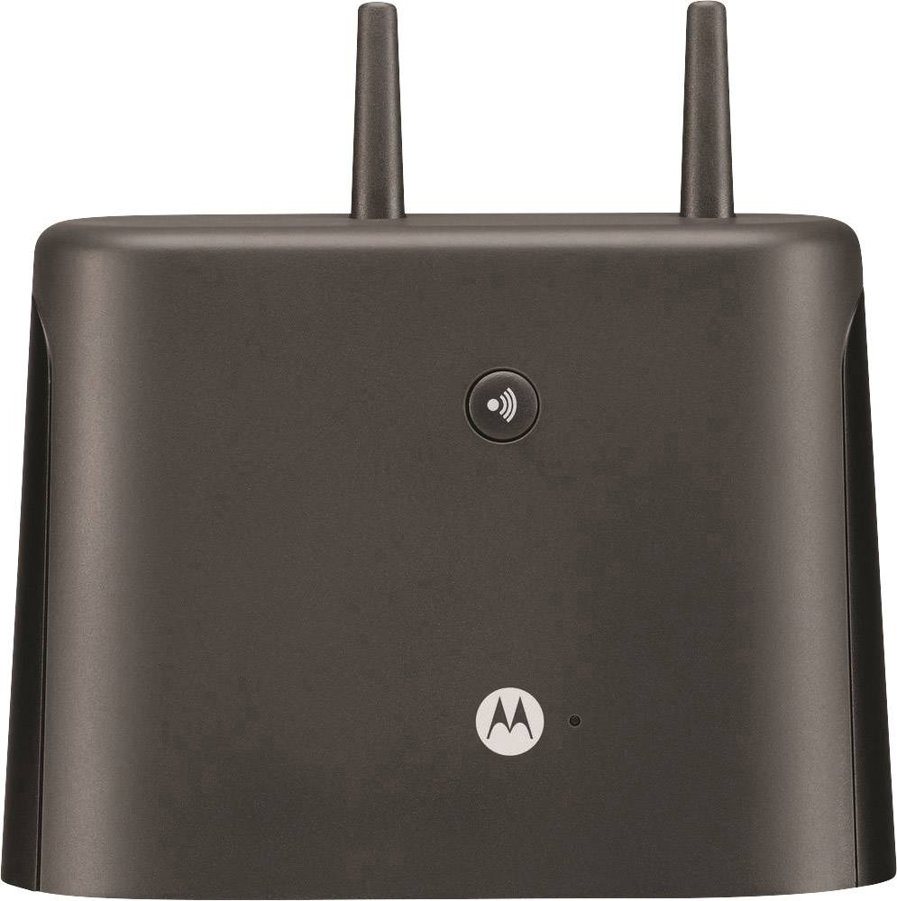 Un modem noir avec deux antennes affiche un voyant LED et un logo Motorola à l'avant. Adapté pour une connexion internet sans fil.