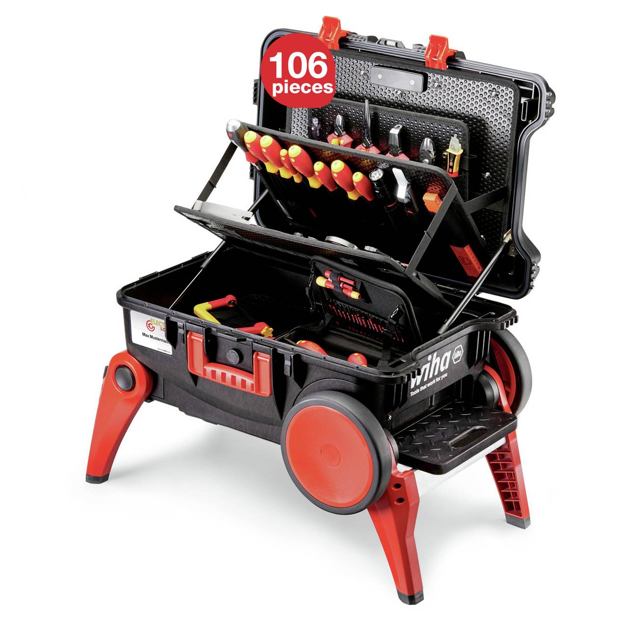 'Mallette à outils de 106 pièces, ouverte, montrant un ensemble d'outils sécurisé avec tournevis, pinces et instruments de mesure, sur des roulettes robustes.'