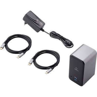 Chargeur avec fiche, deux câbles USB-C et un hub USB en gris avec deux ports USB-C et un port USB-A.