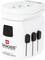 Adaptateur de voyage universel blanc de Skross, 'Conçu en Suisse', avec plusieurs prises et touches coulissantes pour différents pays.
