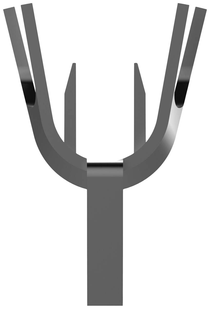 Une sculpture abstraite en métal sombre, composée de lignes courbes s'ouvrant vers le haut, disposées de manière symétrique.