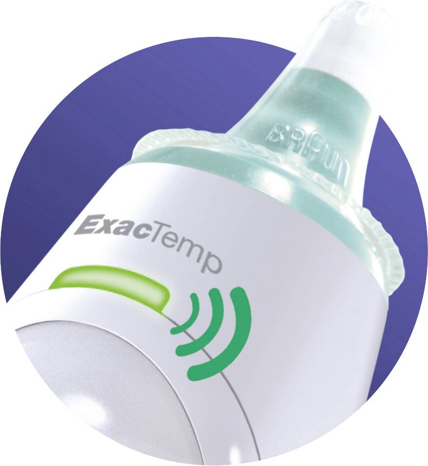 Thermomètre auriculaire avec voyant vert et inscription 'ExacTemp', affichant une mesure de température auriculaire.