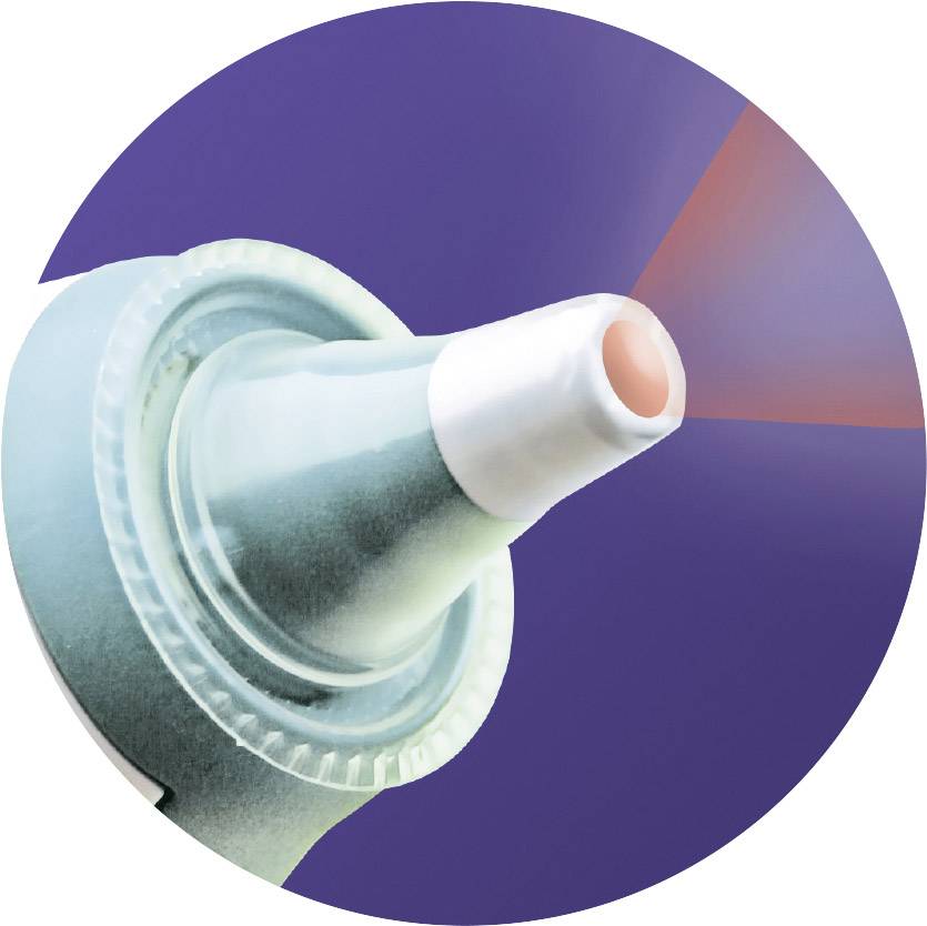 Gros plan d'un spray nasal bleu diffusant un brouillard rouge.