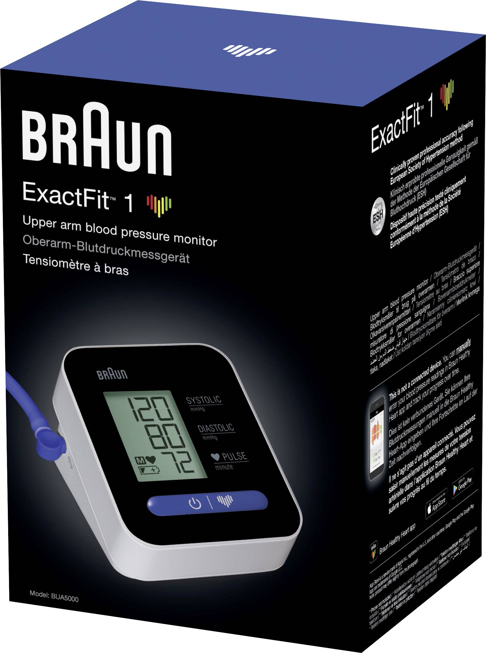 Emballage du tensiomètre 'Braun ExactFit 1' ; montre l'appareil avec un affichage numérique, présentant les valeurs systolique et diastolique.