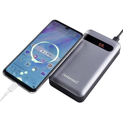 Un smartphone est en train d'être chargé par une batterie externe Intenso. L'écran affiche 71% de charge. La batterie externe indique 59% sur son affichage numérique.