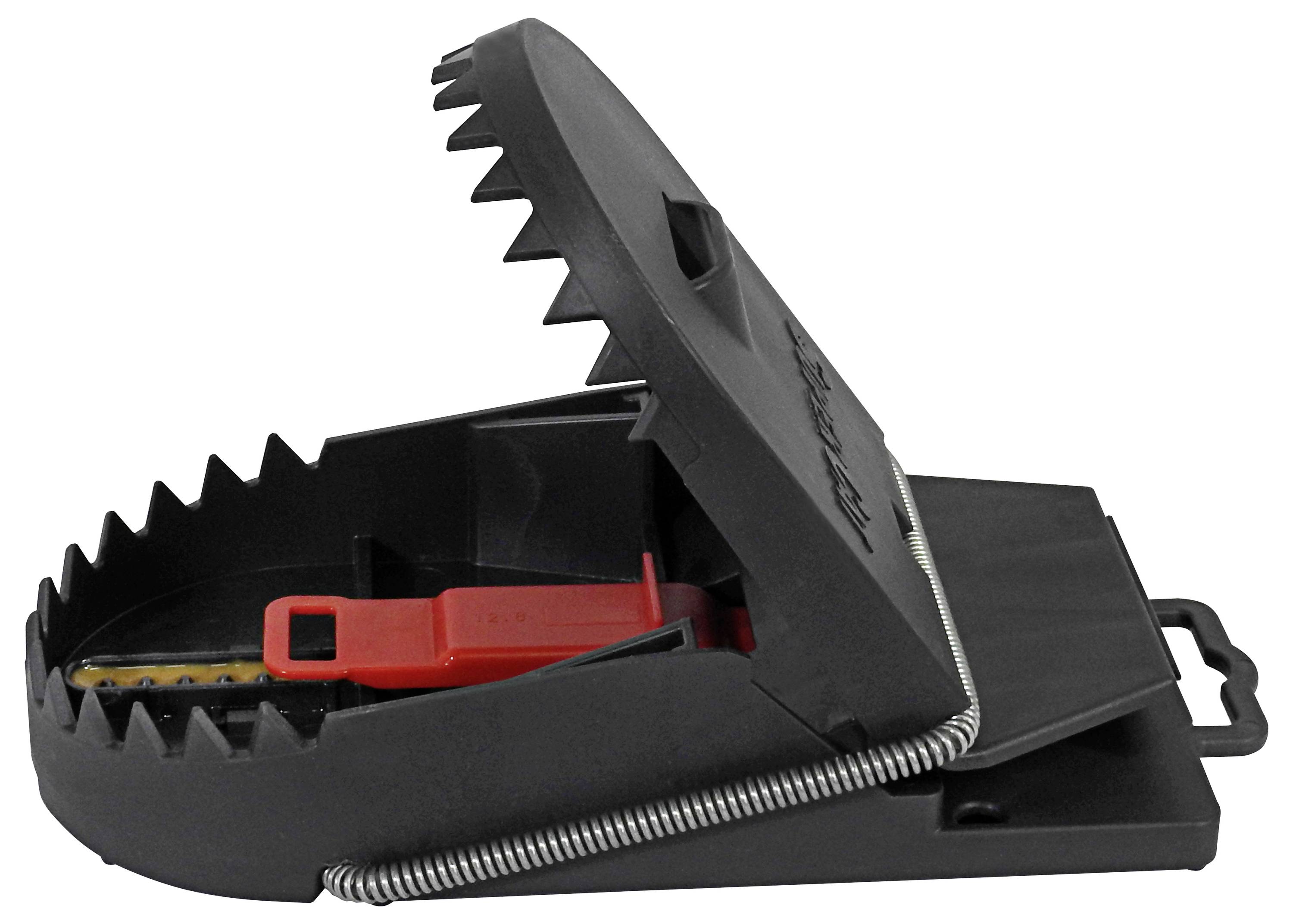 Un piège à souris noir avec un déclencheur rouge et des bords dentelés, ouvert et prêt à être utilisé.