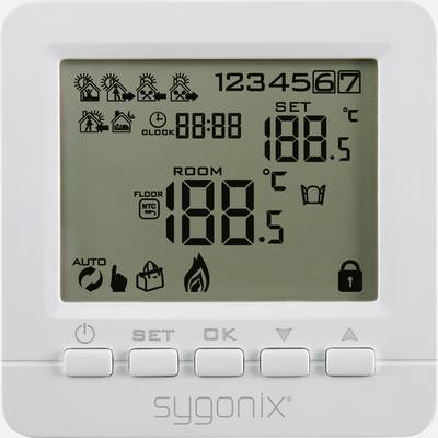Un thermostat numérique affiche une température ambiante de 18,5 °C. Des symboles indiquent les programmes de chauffage, l'heure, le mode automatique et le verrouillage.