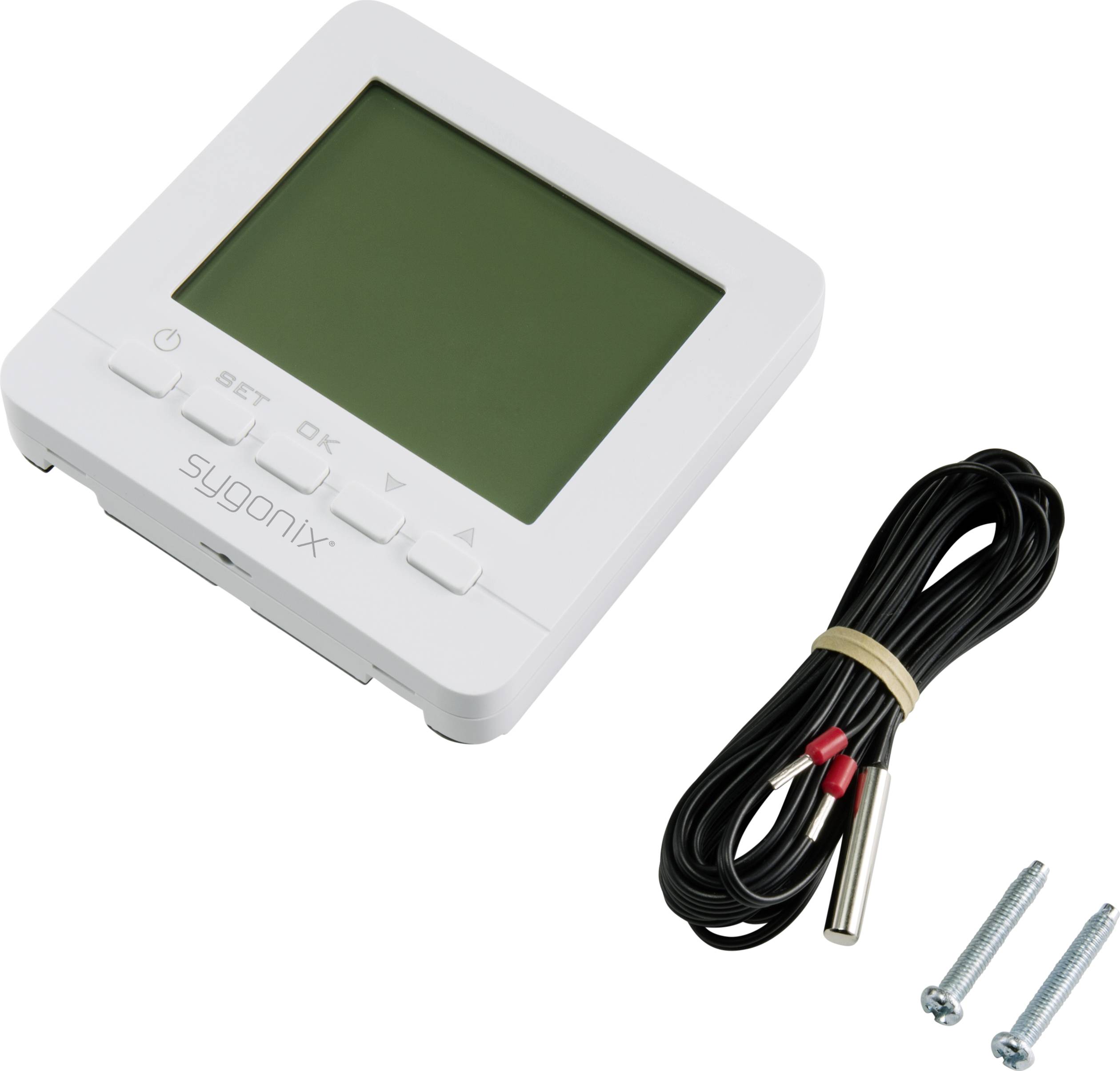 Thermostat numérique avec grand écran, quatre touches de commande, capteur de câble et deux vis de fixation.