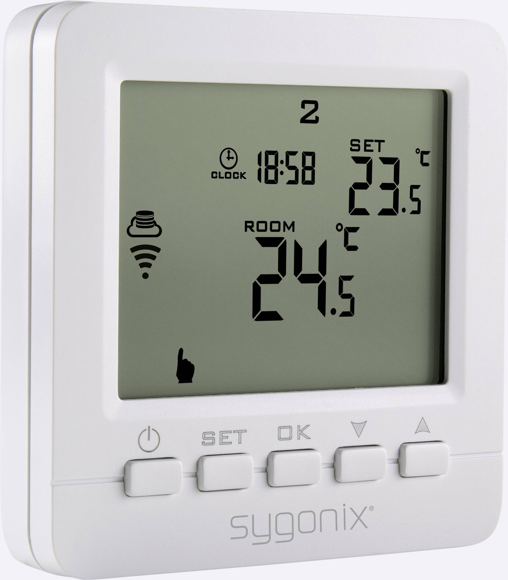 Thermostat numérique blanc sur un mur avec écran. Affiche la température ambiante actuelle de 24,5 °C et la température réglée à 23,5 °C.