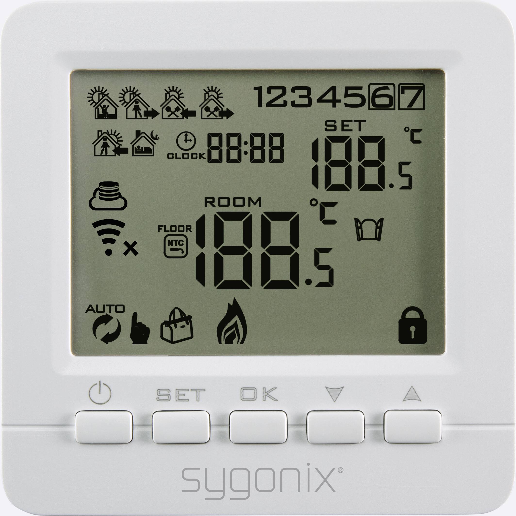 Un thermostat numérique affiche une température ambiante de 18,5 °C et une température réglée à 18,0 °C. Les symboles de Wi-Fi, de chauffage et de mode automatique sont visibles.