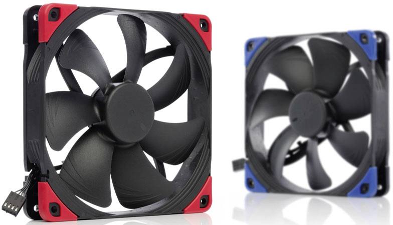 Deux ventilateurs noirs pour ordinateur, chacun avec quatre pales de rotor, encadré de rouge et de bleu aux coins. Fiches électriques visibles à l'avant.