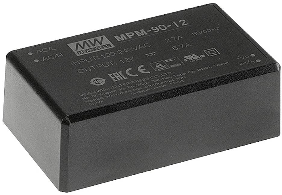 Alimentation industrielle dans un boîtier noir, modèle 'MPM-90-12' de MEAN WELL, entrée 100-240V CA, sortie 12V, puissance de 90 watts.