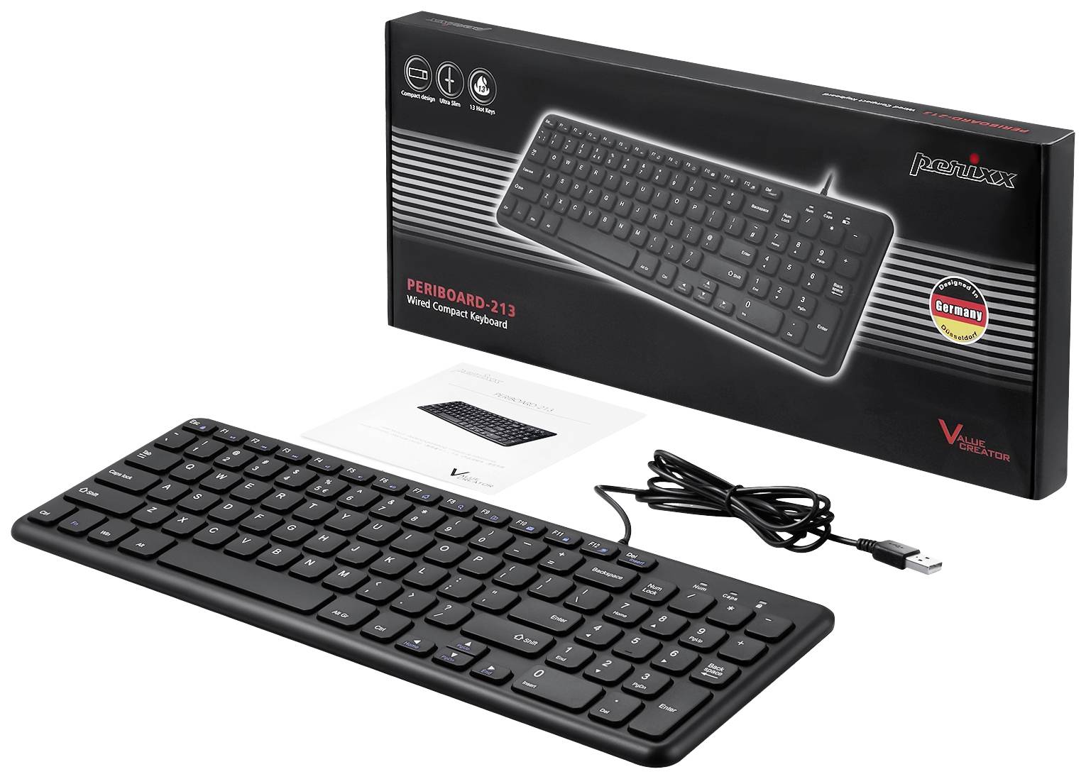 Un clavier compact avec disposition allemande, connexion USB et mode d'emploi. L'emballage affiche la marque et le numéro de modèle.