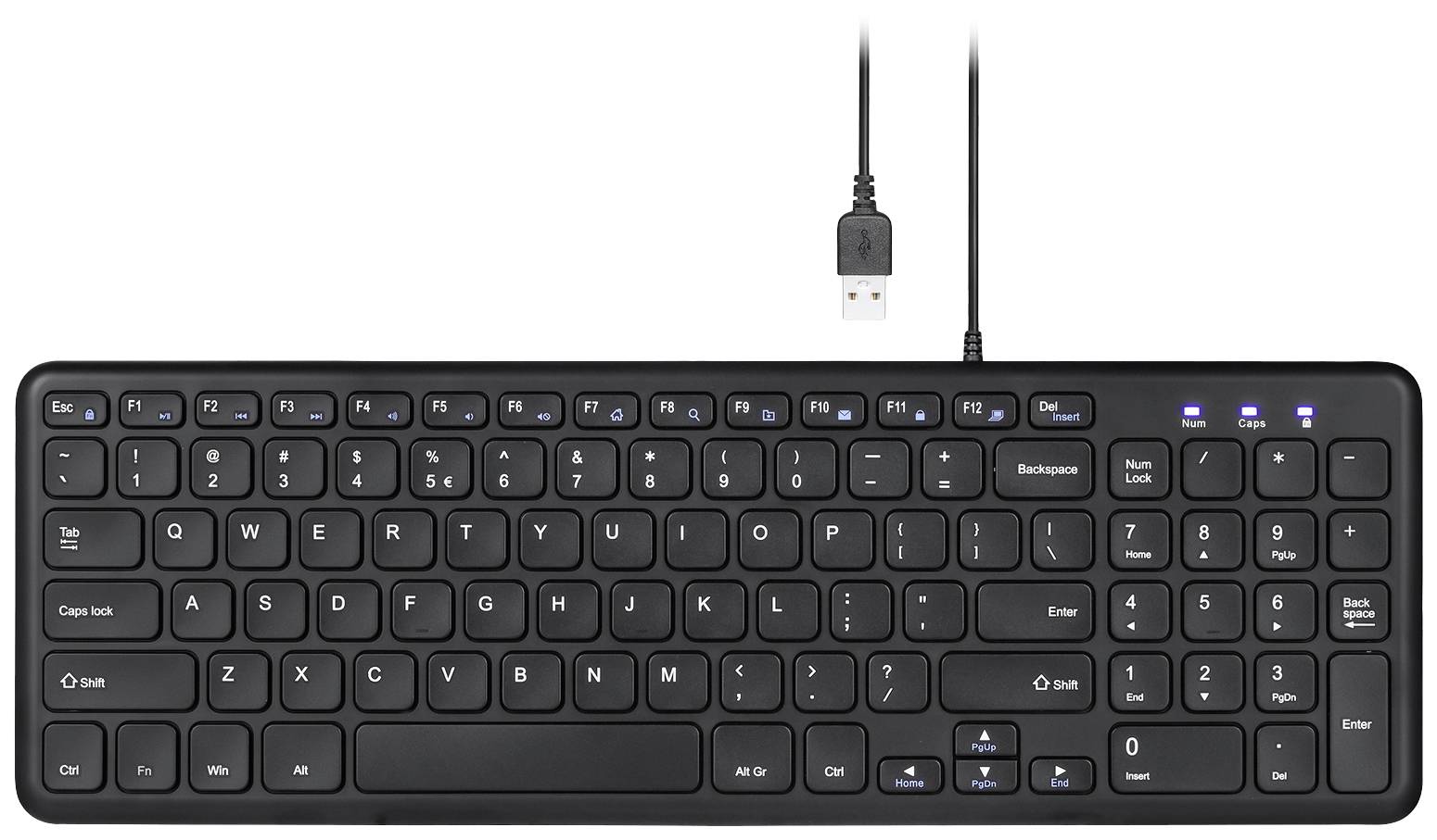 Clavier d'ordinateur noir avec connexion USB, montrant une disposition complète avec touches de fonction, pavé numérique et touches fléchées.