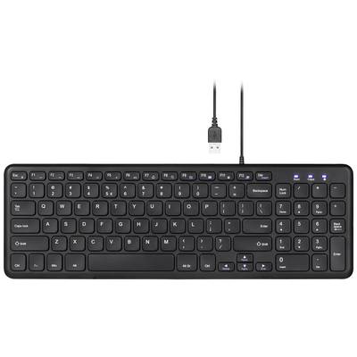 Clavier d'ordinateur noir avec connexion USB, montrant une disposition complète avec touches de fonction, pavé numérique et touches fléchées.