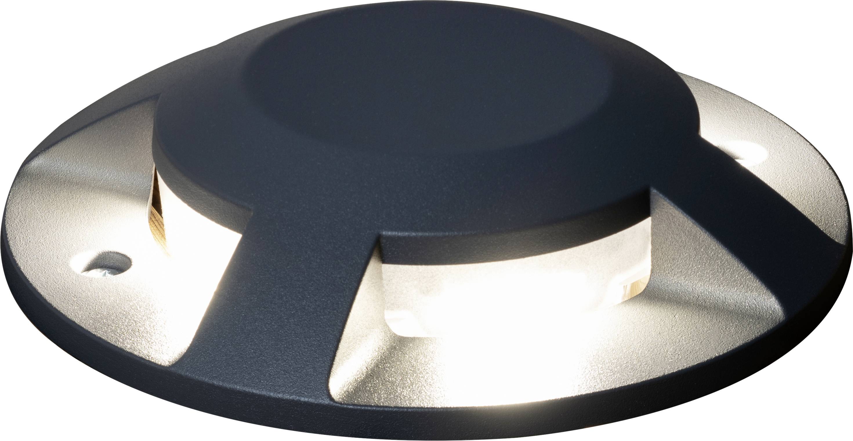 Lampe de sol LED ronde et sombre avec plusieurs sources lumineuses rayonnantes ; adaptée à l'éclairage des trottoirs ou des allées.