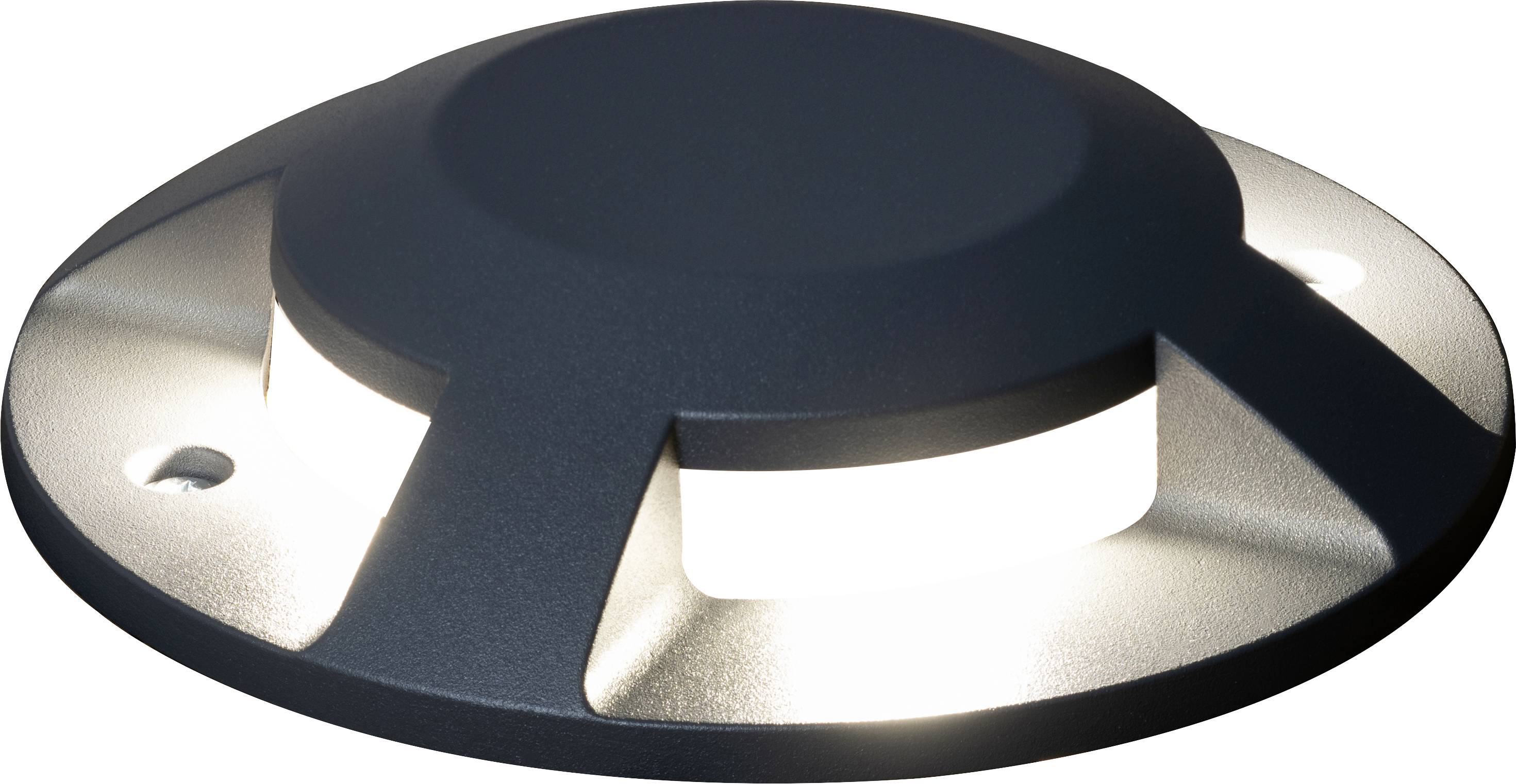 Un projecteur de sol circulaire et plat avec un boîtier robuste, qui diffuse la lumière horizontalement dans plusieurs directions, idéal pour l'éclairage des chemins.