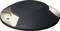 Luminaire de sol noir, rond, aux bords biseautés, diffusant la lumière dans les directions environnantes. Idéal pour l'éclairage des trottoirs.