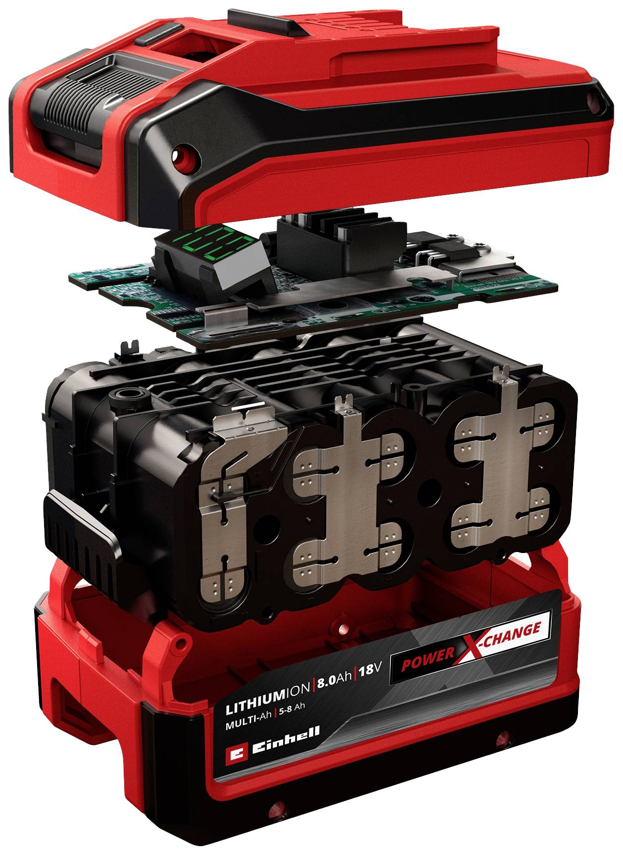 Image produit avec quatre batteries Einhell noires et rouges au nouveau design; en bas est écrit « NOUVEAU DESIGN MÊME BATTERIE ».