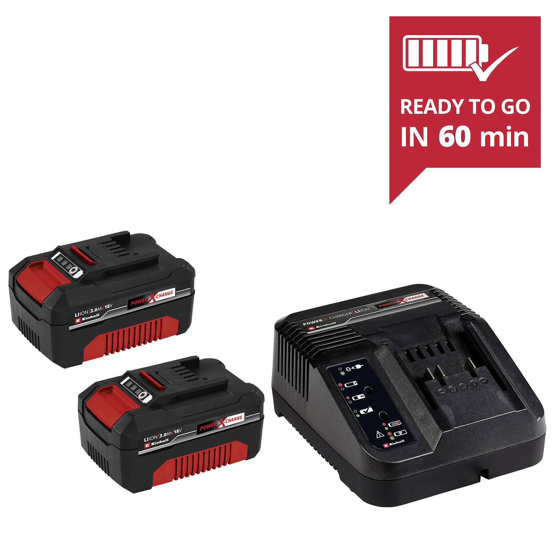 Chargeur de batterie avec deux batteries. Texte : Prêt en 60 min.