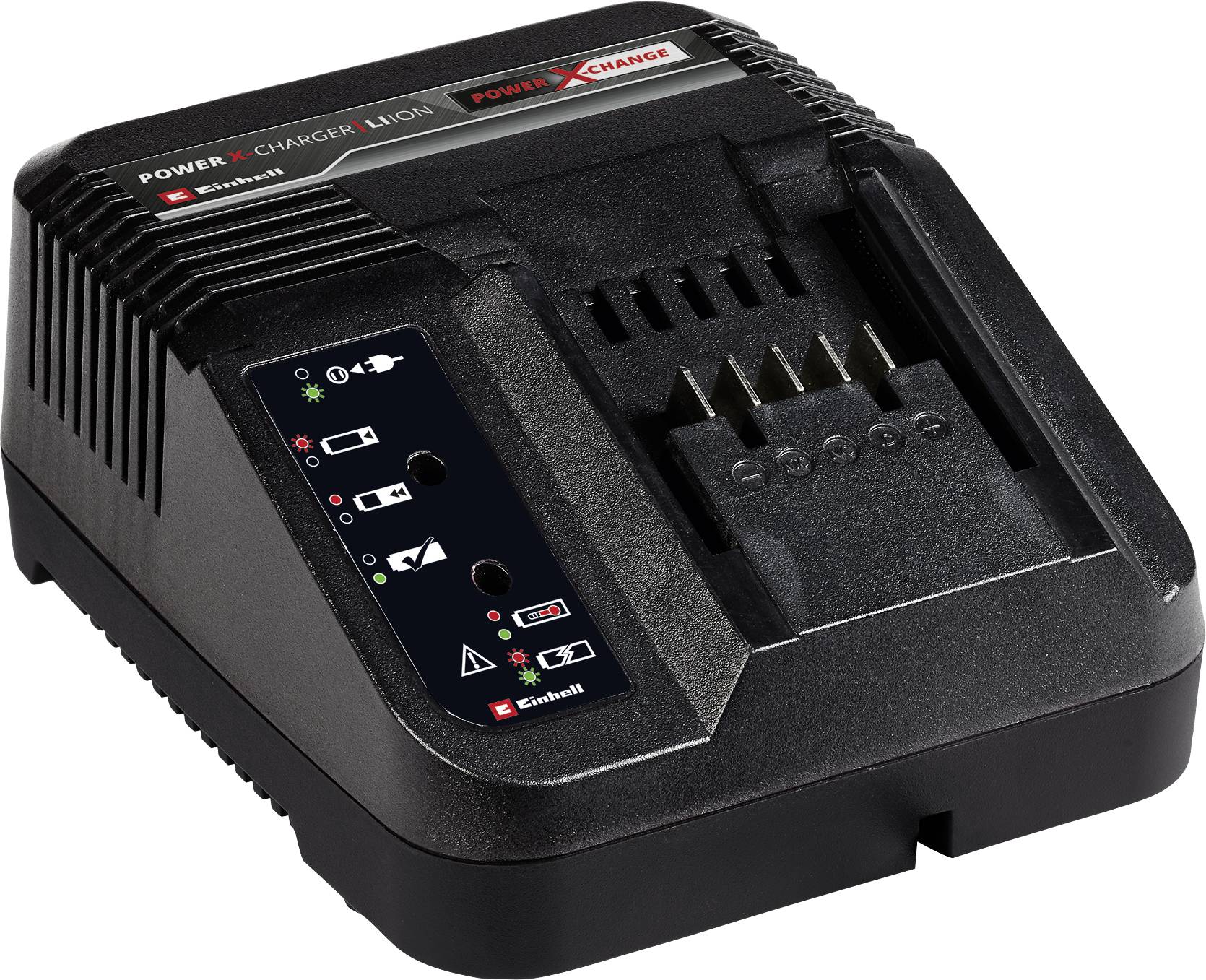 Un chargeur noir pour batteries lithium-ion avec plusieurs voyants LED indiquant l'état de charge.