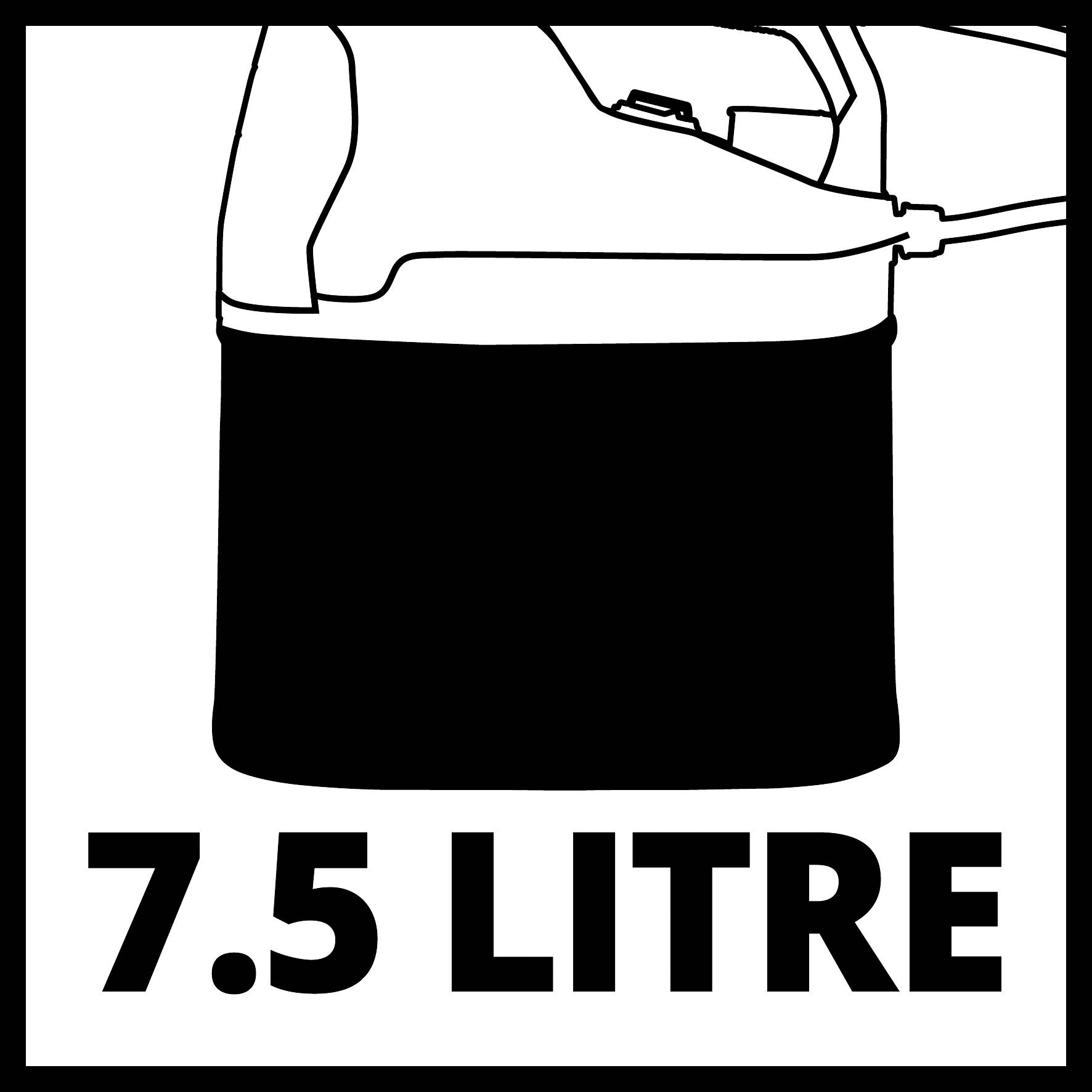 '7,5 litres' est indiqué sous un schéma schématique d'un récipient, probablement pour indiquer sa capacité.
