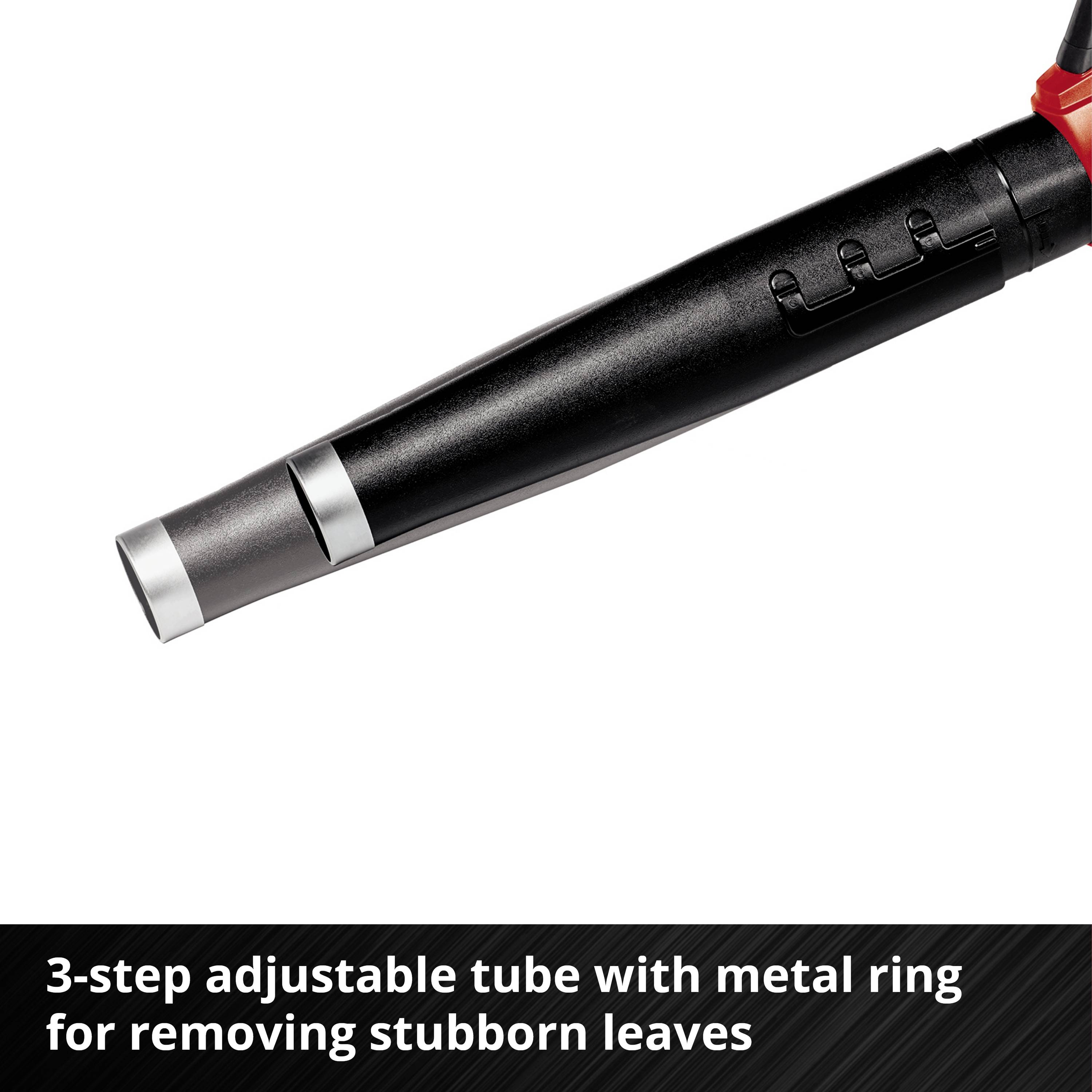 Tube noir réglable en trois positions avec anneau métallique, conçu pour l'élimination des feuilles rigides.