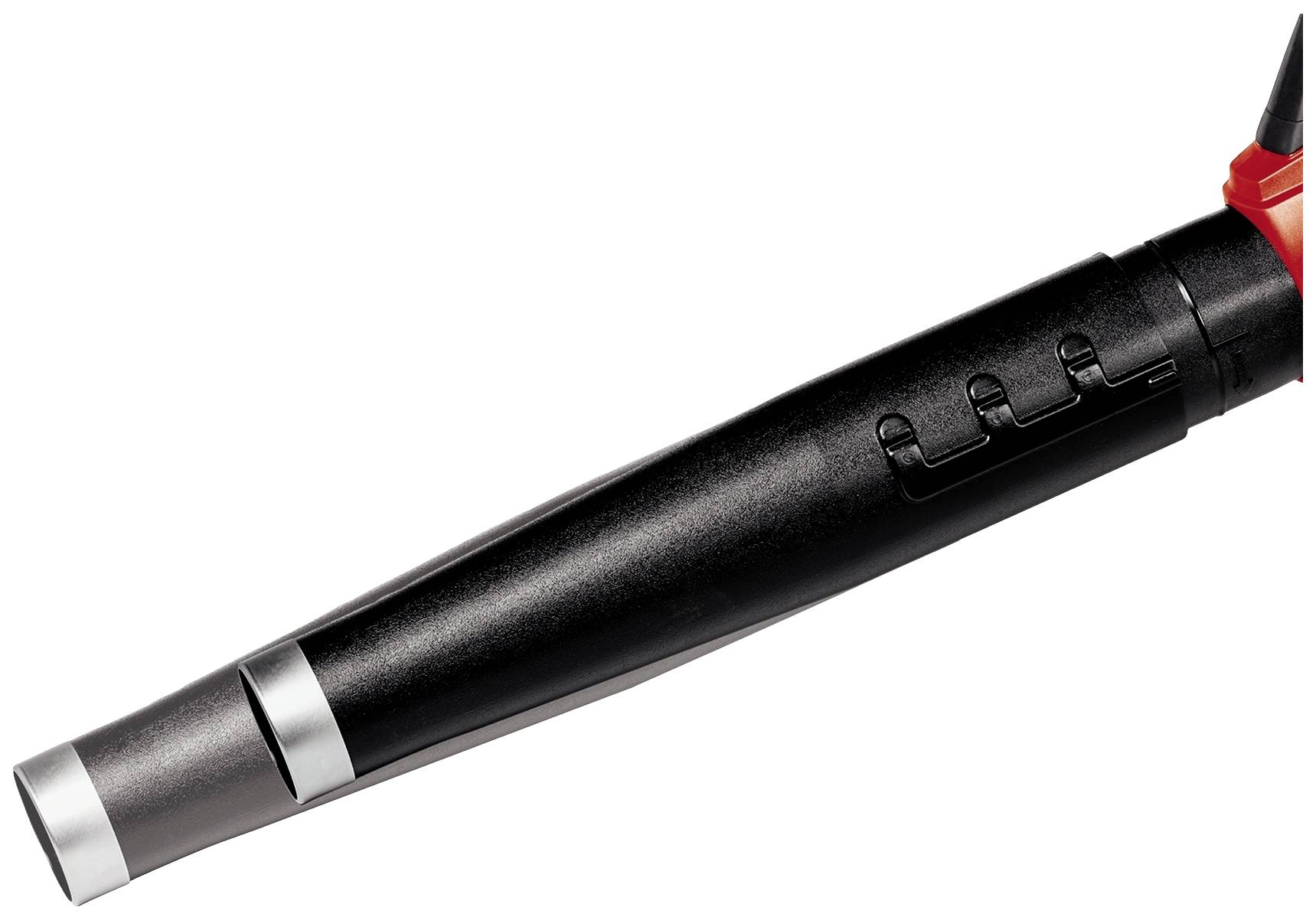 Gros plan d'une sarbacane noire avec embouchure argentée et accents rouges, montrant les détails de son design et de sa fabrication.