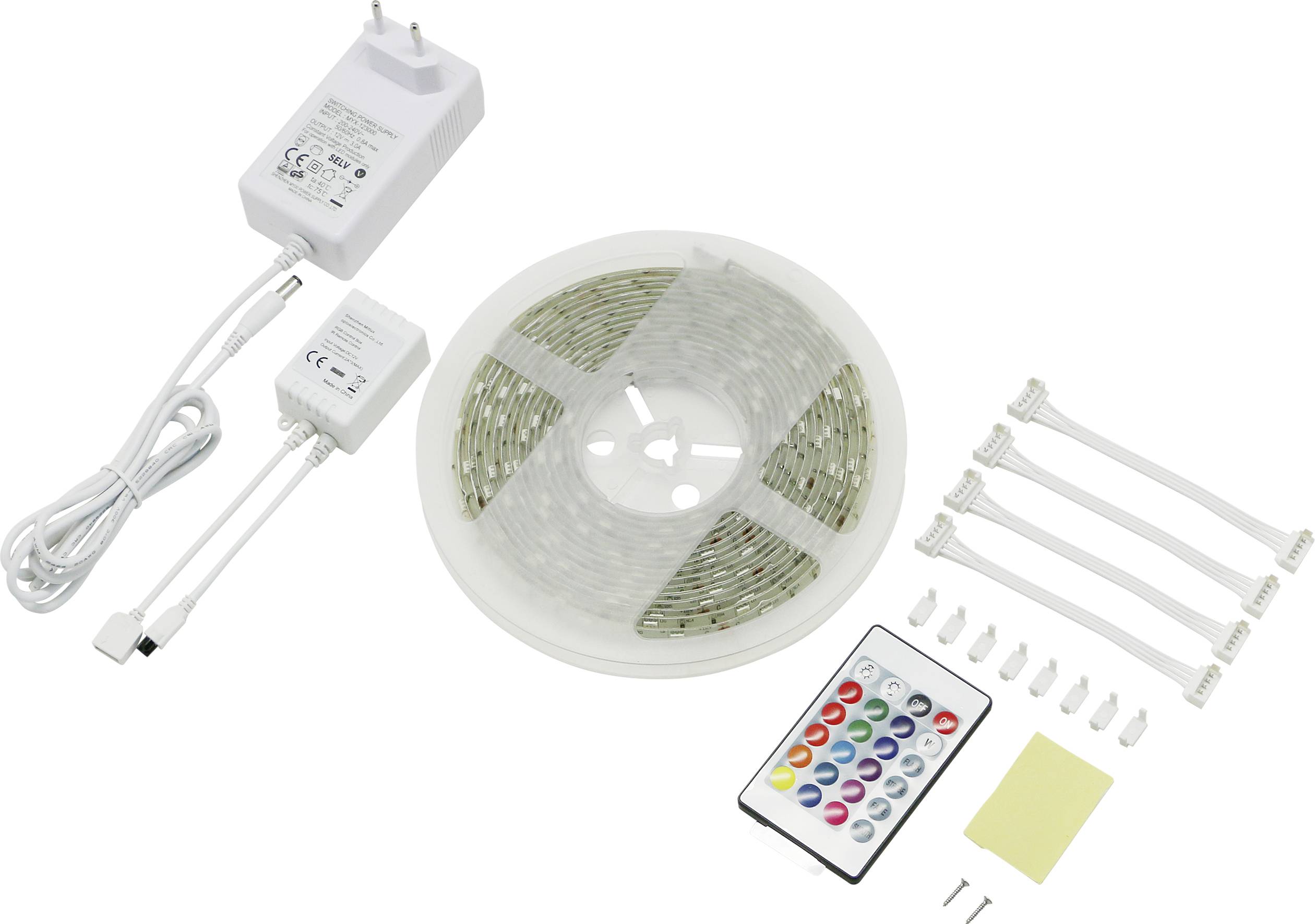 Ensemble de bandes lumineuses LED avec télécommande, alimentation, connecteurs et accessoires de montage. Idéal pour un éclairage décoratif.