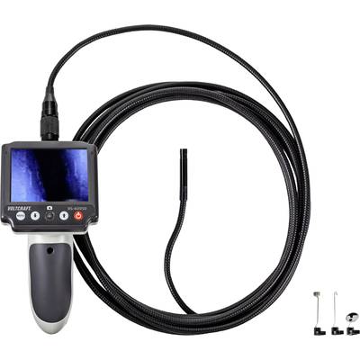 Un endoscope équipé d'une caméra et d'un long câble flexible, avec un écran LCD affichant une image. Des accessoires sont disposés à côté à droite.