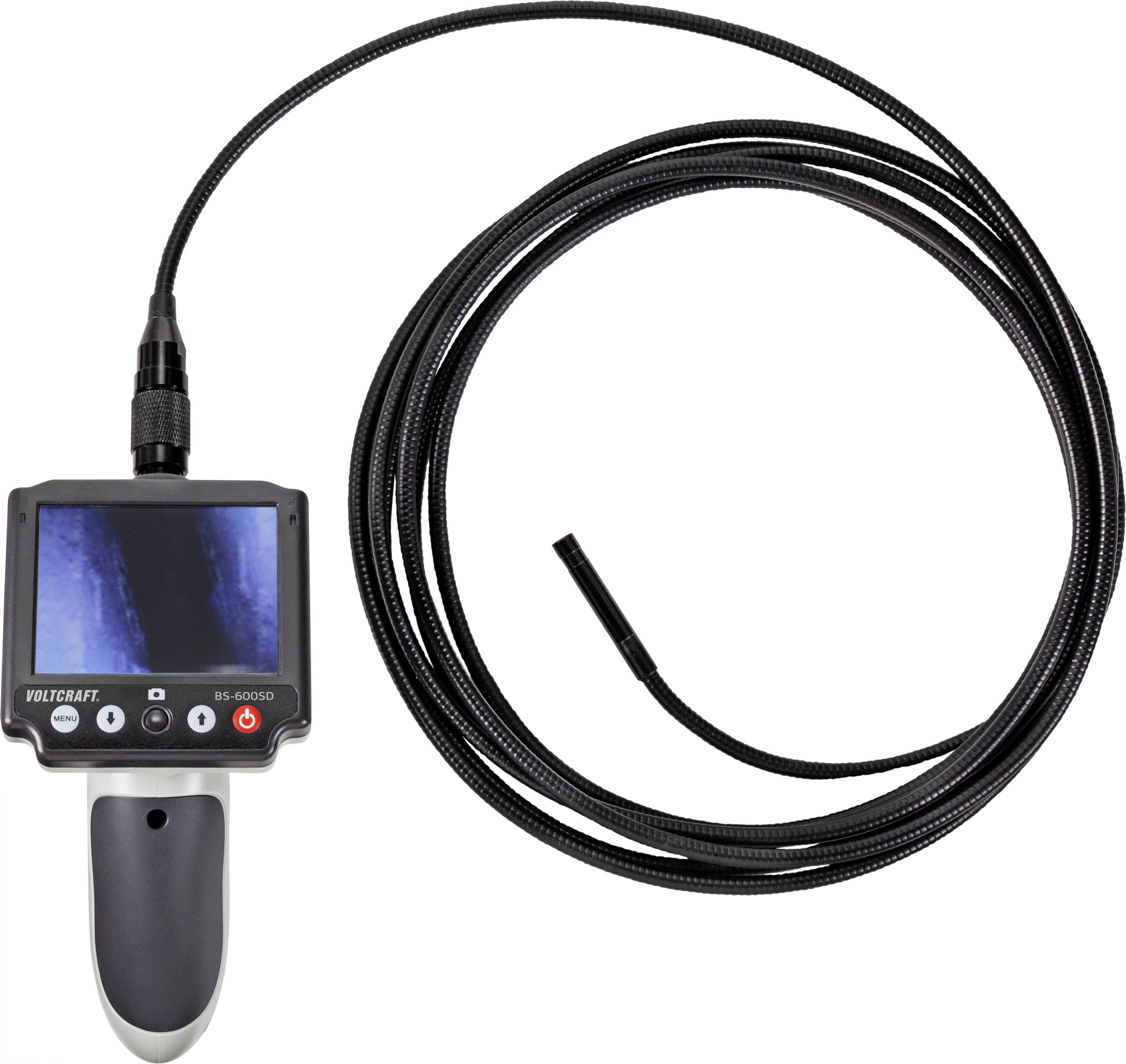 Un endoscope portable avec un câble flexible et long, muni d'un écran, pour l'inspection visuelle de zones difficiles d'accès.