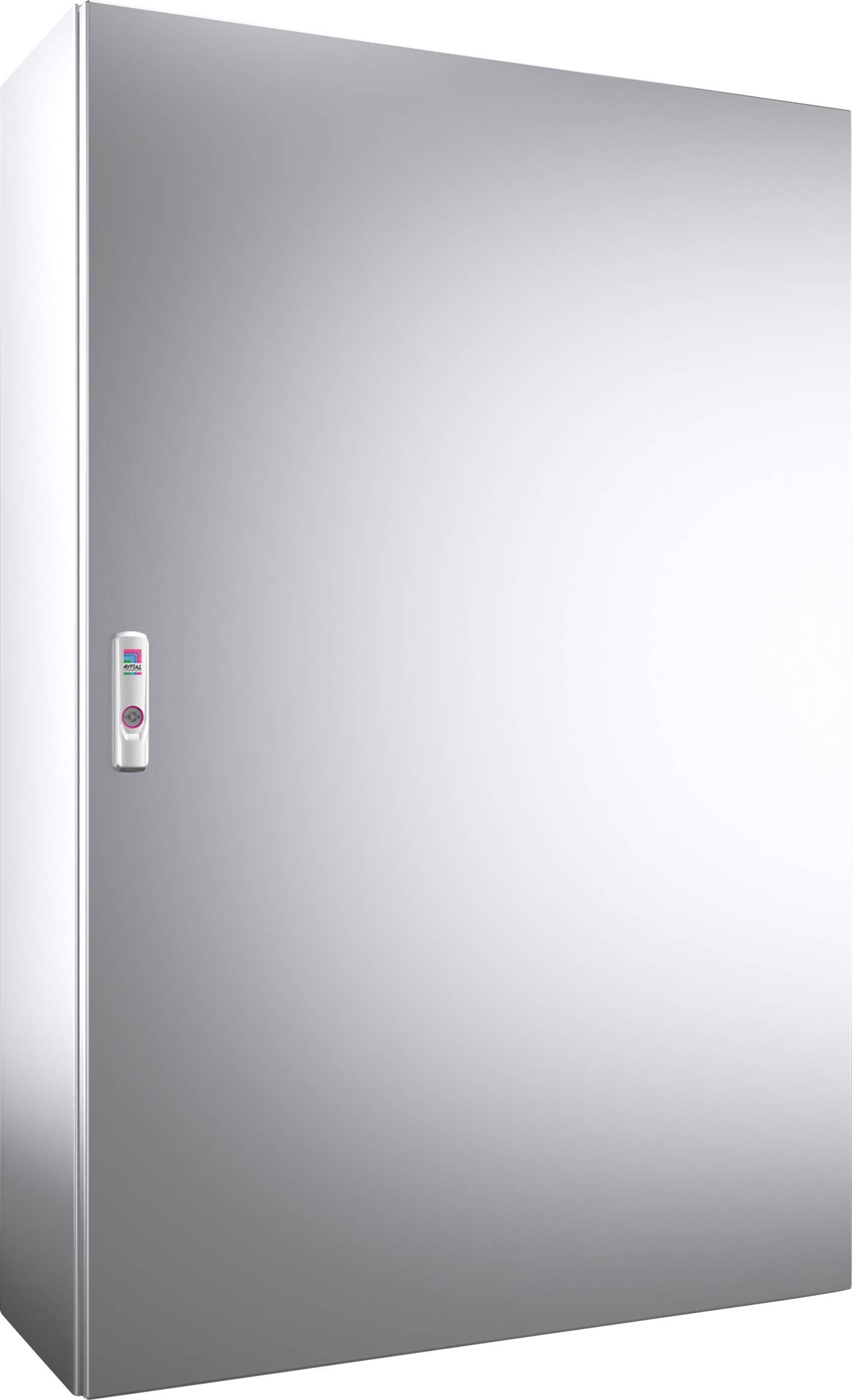 Réfrigérateur argenté au design minimaliste avec un petit panneau de commande sur le côté. Surface lisse sans poignées visibles.