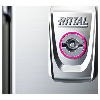 Serrure métallique sur une surface argentée avec un logo 'RITTAL' gravé et un accent rose autour du cylindre de verrouillage.