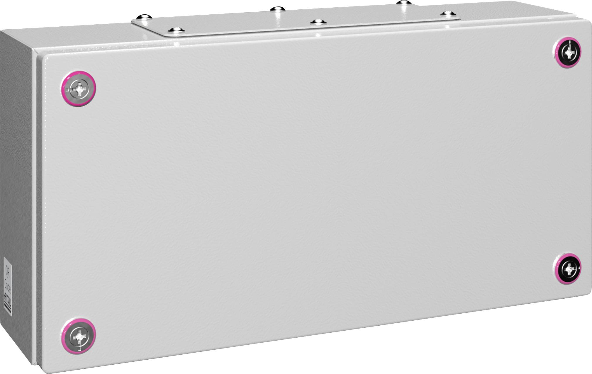 Un boîtier rectangulaire gris avec des vis aux coins.