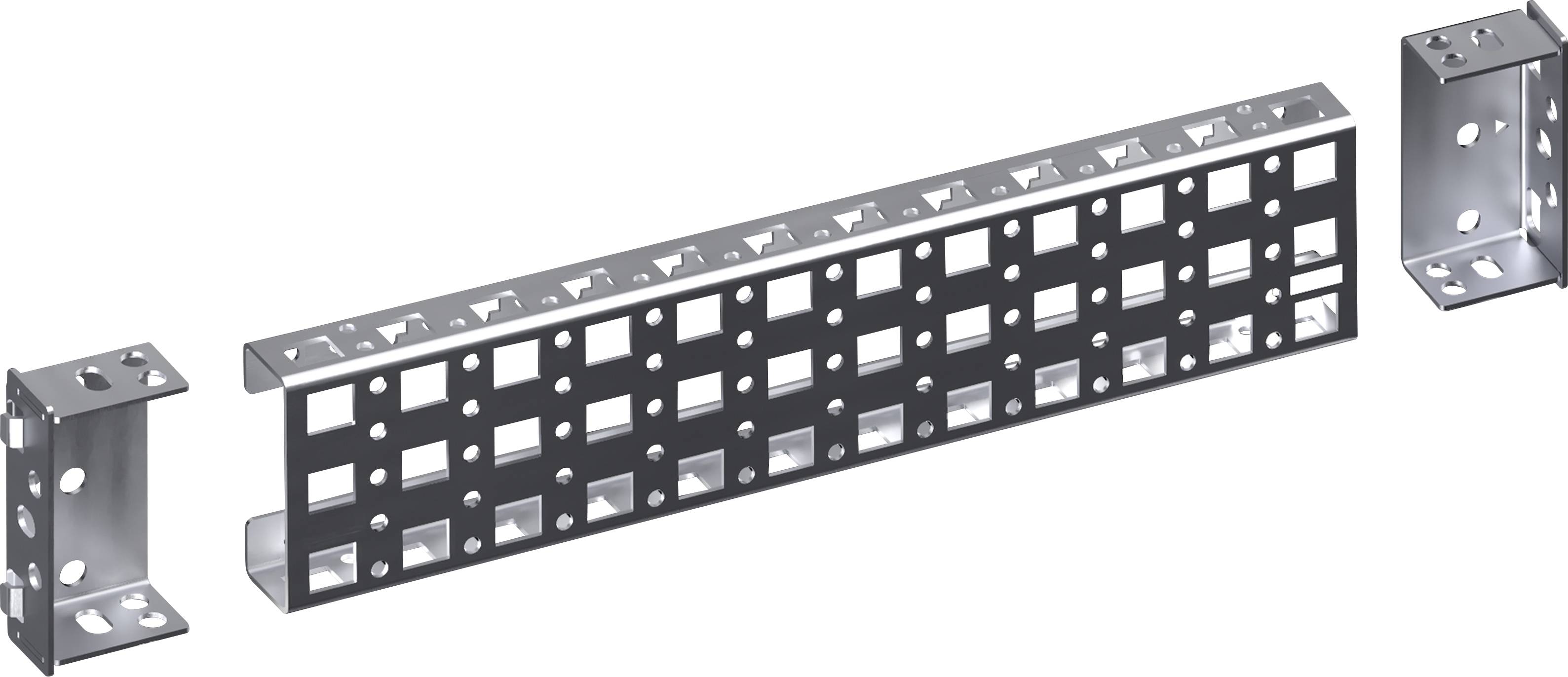 Ensemble de connecteurs d'angle métalliques avec des trous pour le montage, composé de deux supports d'angle plus petits et d'une pièce rectangulaire plus longue.