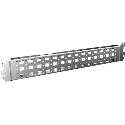 Barrette de montage métallique avec des trous carrés et ronds, destinée à la fixation de composants dans un système de rack.