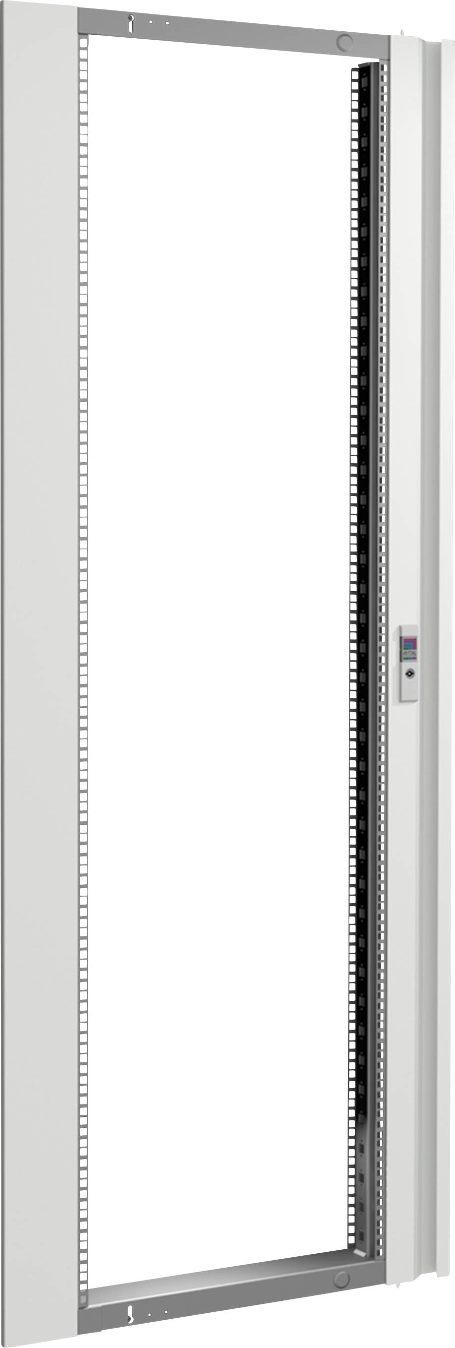 Un cadre vide et ouvert pour un rack serveur électronique, avec des trous de fixation visibles et une barre de contrôle.