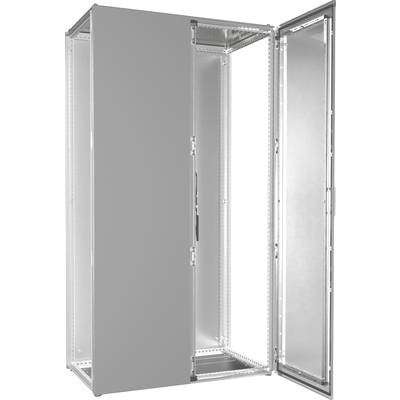 Une armoire électrique métallique ouverte, conçue pour abriter des composants électriques. Portes et intérieur visibles.
