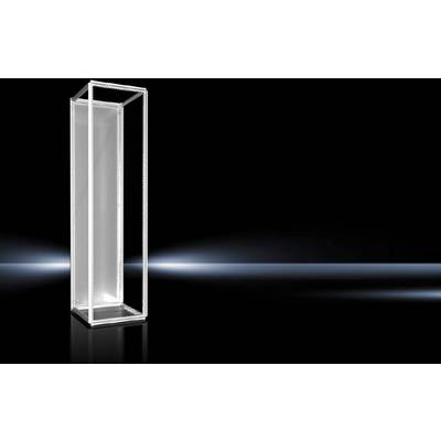Une armoire en verre rectangulaire transparente est isolée sur un fond noir avec un faible rayon lumineux en arrière-plan.