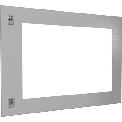 Cadre métallique avec découpe rectangulaire, deux éléments de commande latéraux et logo 'Rittal', design technico-fonctionnel.