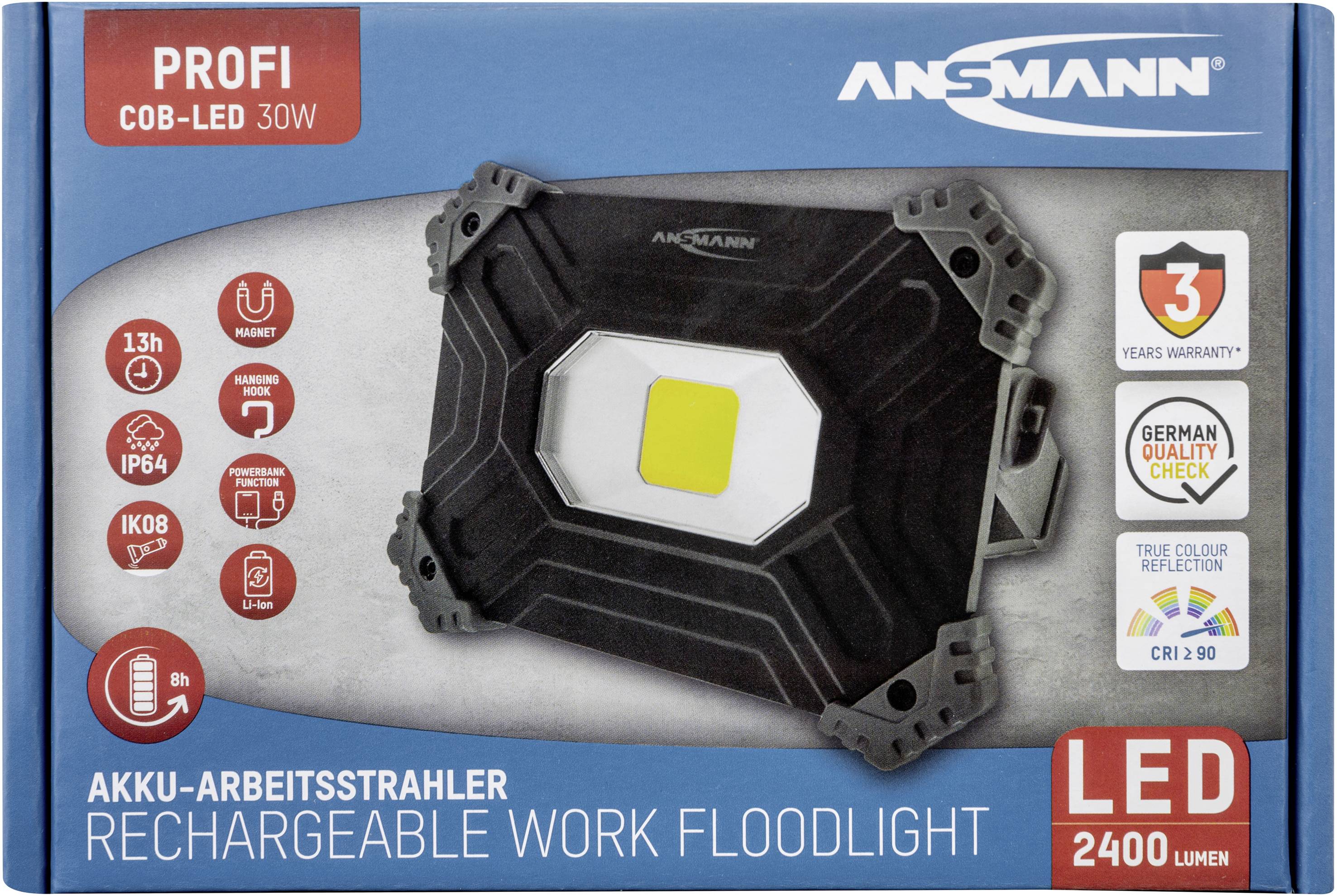 'Projecteur de travail à batterie avec LED COB 30W, 2400 lumens, IP54, résistant aux chocs, garantie de 3 ans. Certifié par "German Quality Check".'