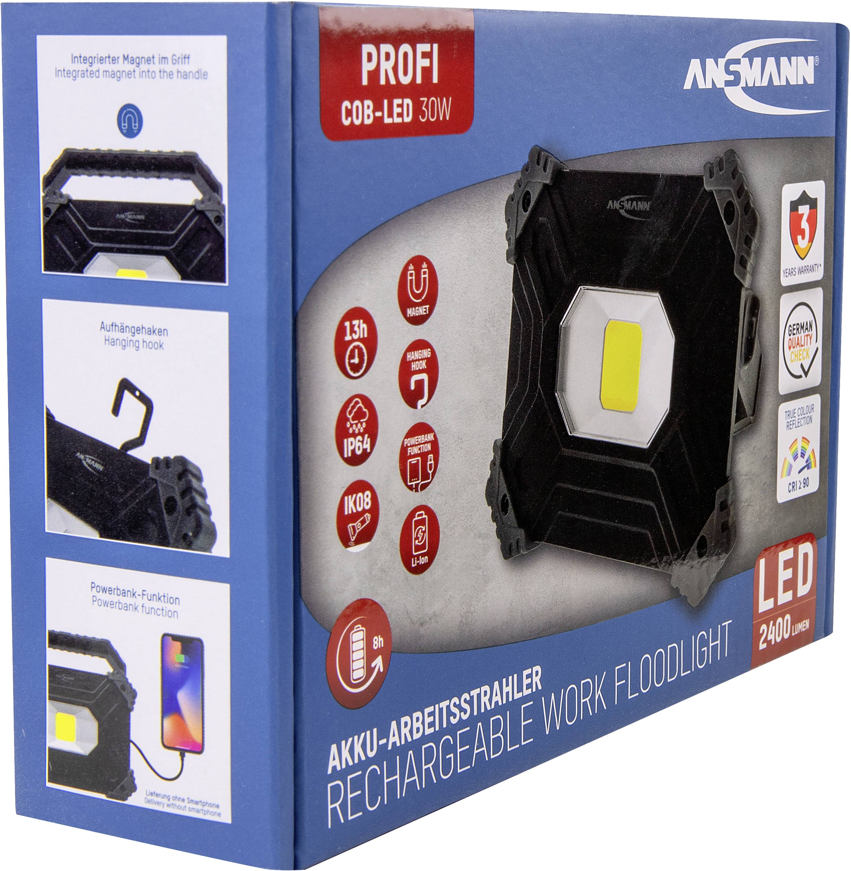 Emballage d'un projecteur de travail rechargeable à LED COB, 30W, 2400lm. Comprend un aimant intégré, un crochet de suspension et une fonction batterie externe.