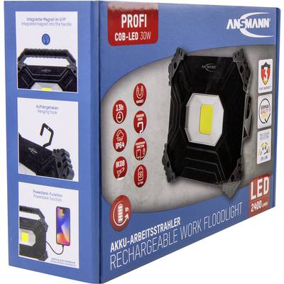 Emballage d'un projecteur de travail rechargeable à LED COB, 30W, 2400lm. Comprend un aimant intégré, un crochet de suspension et une fonction batterie externe.