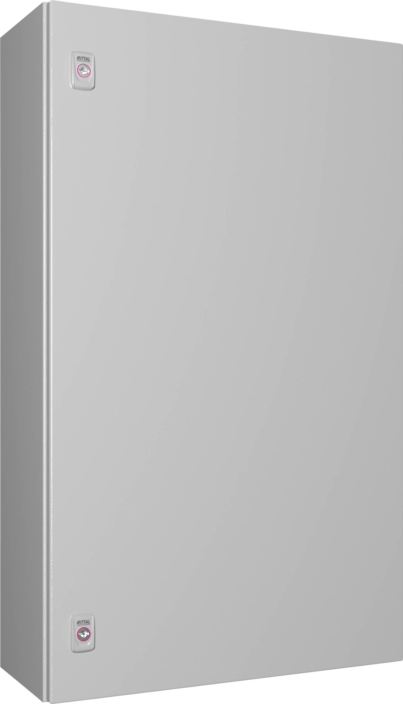 Armoire métallique grise rectangulaire avec deux serrures situées aux coins supérieur et inférieur du côté gauche.