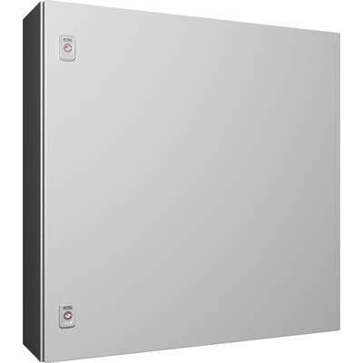 Armoire métallique grise, rectangulaire, avec deux petits boutons ronds situés sur le côté gauche, un en haut et un en bas. Aucune décoration visible.