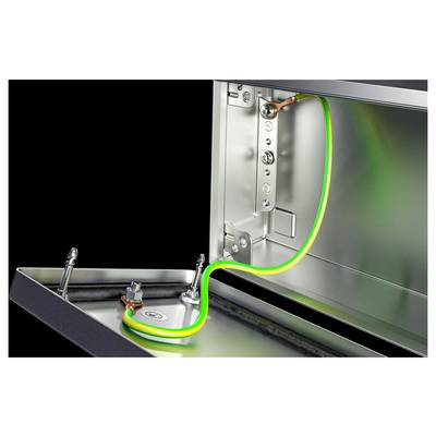 Boîtier électrique avec couvercle ouvert, montrant une connexion de câble de terre vert et jaune sur la paroi intérieure.