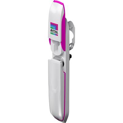 Une poignée de porte en blanc et rose avec le logo Rittal.