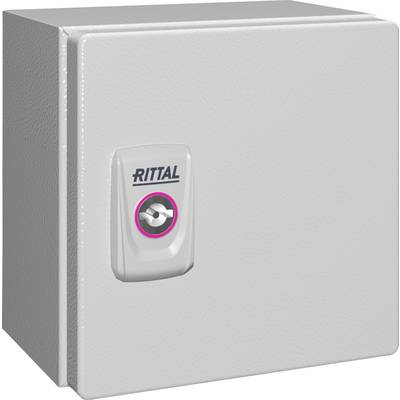 Armoire électrique grise avec serrure et le logo 'Rittal' sur la façade.